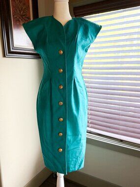 Vintage Karin Stevens Teal Linen Sheath Dress Gold Button Front Midi, size small